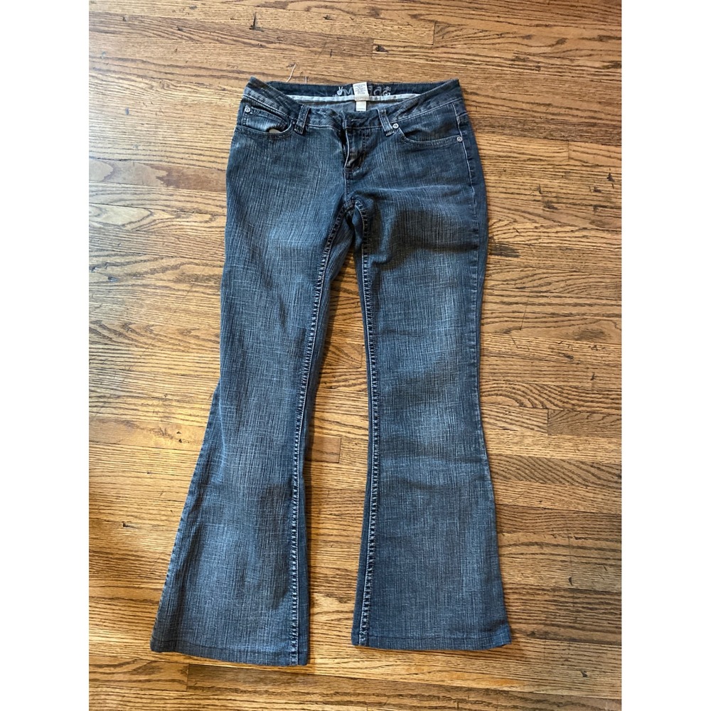 Mudd Womens Flare Leg Jeans Dark Grey Wash Low Rise Y2K Denim Size 3 DJM3963